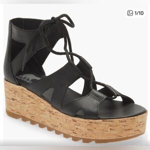 Sorel Black Sandals with Cork Wedge Heel